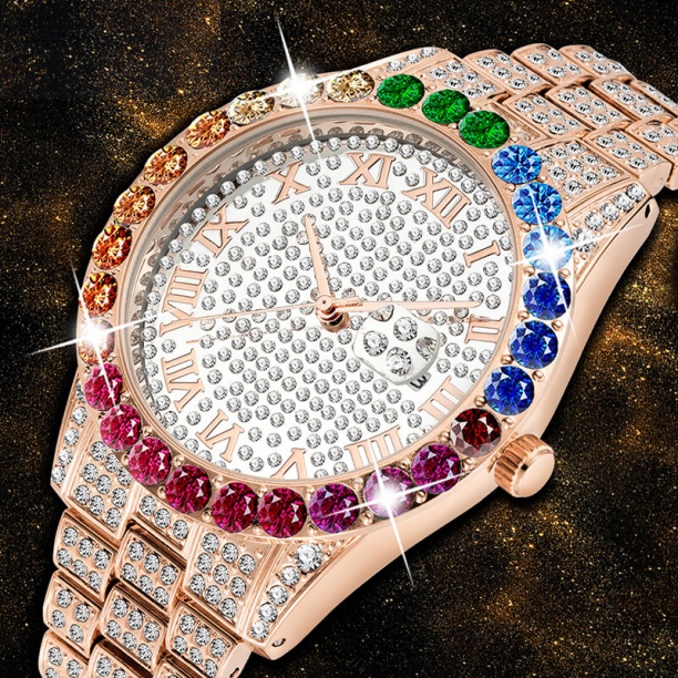 Rainbow Diamond Erkek Saatler Analog 18K Gül Altın Paslanmaz Çelik Link Quartz Erkek Kol Saati