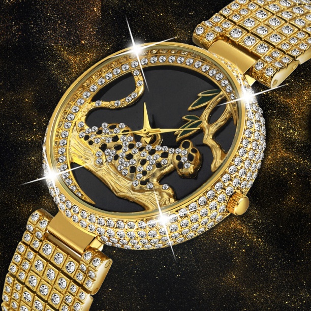 Women Watches Women Fashion Black Leopard Gold Watch Diamond Womens Watches Female Wrist Watch