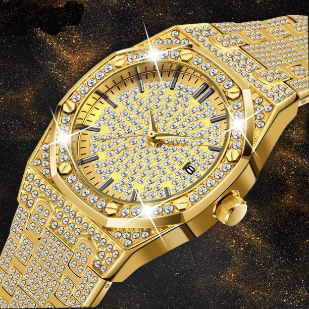 18K Altın İzle Erkekler Diamond Mens Saatler Lüks FF Iced Out Erkek Kuvars İzle Kalender