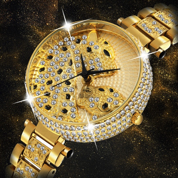 Mode Luxe Femmes Montre-Bracelet Or Léopard Nuages Diamant Dames Montre Quartz Horloge