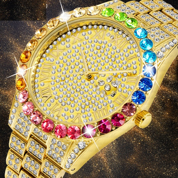 Big Rainbow Diamond Luxury Mens Watches 18K Gold Men Watch Montre-bracelet à quartz glacé de luxe