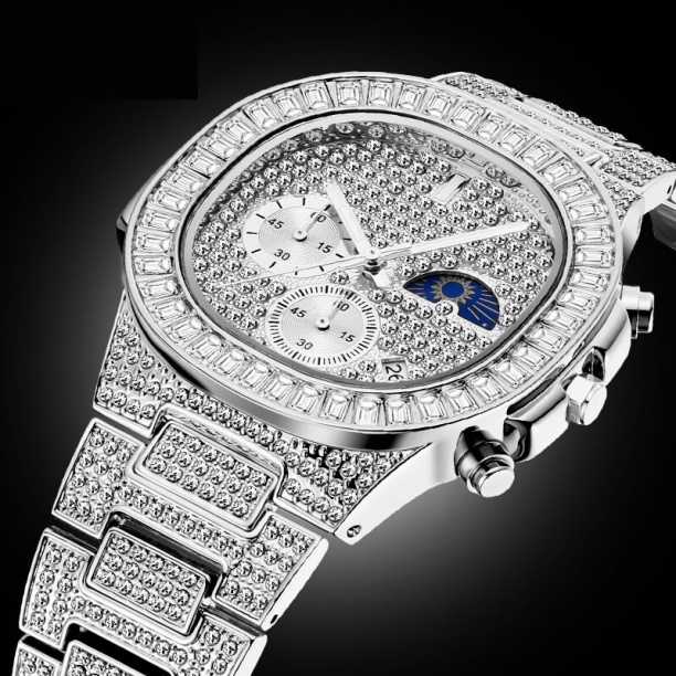 Montres Hommes Tendance Montre Hommes Chronographe Étanche Big Baguette Diamant Calendrier Homme Horloge