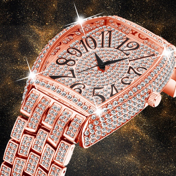 Rose Gold Men's Watch Tonneau Oversized Icd Out Diamond Male Chronograph Wrist Watch