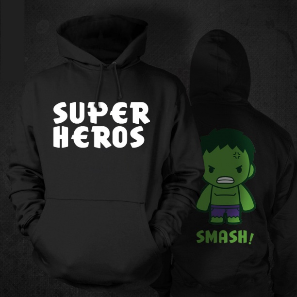 Cartoon Design Super Hero Hulk Sweatshirt Black Mens Hoodie
