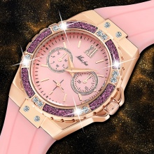 Women's Quartz Watch With Pink Rubber Strap Sport Japanese Movement Watchproof Ladies Wristwatch