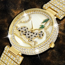Watch For Women Luxury Gold Original 3D Leopard Party Wristwatch With Ice Out Strap Waterprrof