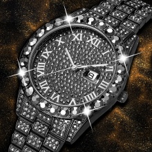 Chronograph Mens Watches Luxury Black Quartz Clock Waterproof Full Big Diamond Dial Watch Men