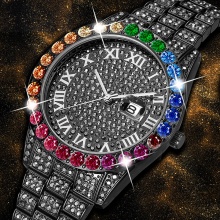 Black Men Watches Luxury Iced Out Watch Big Rainbow Diamond Watch for Men Quartz Wristwatch