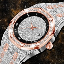Rose Gold Watch For Men Iced Out Business Calendar Full Diamond Strap Classic Wristwatches