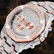 Rose Gold Luxury Men Wristwatch Big Ice Out Diamond Stainless Steel Waterproof Quartz Watch