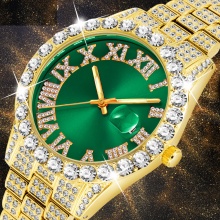 Men's Watches Gold Big diamond Green Dial Calendar Watch For Men Luxury Casual Charming Clock