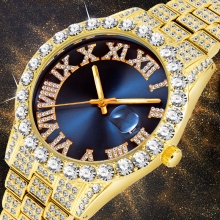 Gold Diamond Blue Dial Roman Numerals Iced Out Watch luxurious Calendar waterproof Wristwatch