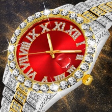 Men's Watch Golden Quartz Steel Red Dial Wrist Watch Luxury Waterproof Male Watches Clock