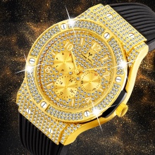 Full Bling Diamond Men's Watches Iced Out Premium Rubber Strap Watch Quartz Watches Gold Date Clock