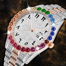 Iced Out Rainbow Diamond Quartz Gold Watch Men Big Dial Rose Gold Business Wristwatch Mens