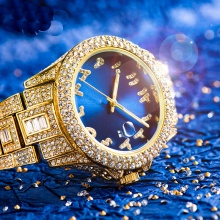 Men's Wrist Watch Diamond Blue Watch Men Waterproof 18k Gold Calendar Steel