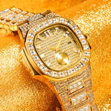 Men Gold Ice Out Diamond Classic Square Doule Dial Watches Calendar Waterproof Wristwatch