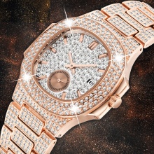 Men Patek Trending Mens Rose Gold Watch Quartz Clock Chronograph Diamond Steel Iced Out Watch