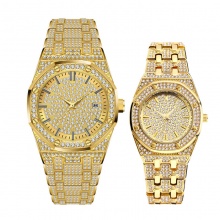 18K Gold Iced Out Lab Dimaond Stainless Steel Analog Quartz Waterproof Lover's Watch Set