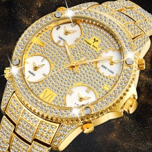 Men Diamond Accented Case With 5 Quartz Movt Analog Male Gold Business Wrist Watch