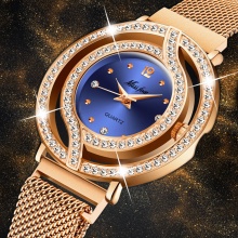 Cute Rose Gold Women Watches Steel Mesh Waterproof Diamond Skeleto Blue Women Quartz Watch