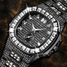 Chronograph Men Stopwatch Fullly Iced Black Baguette Diamond All Black Steel Wrist Watch