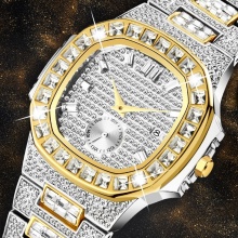 Men Wrist Analog Chronograph Two Tone Gold Diamond Male Wrist Watch Auto Date Quartz Wristwatch