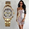 Iced Out Ladies Watch with Quartz Movement Diamond Classic Romantic Analog Display Gold Wristwatch
