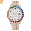 Big Rainbow Diamond Arabic Numerals Men Paslanmaz Çelik Casual Takvim İzler