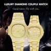 18K Gold Full Dimaond Decorated Women's Men's Steel Quartz Iced Out Couple Watch Set