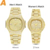 18K Gold Full Dimaond Decorated Women's Men's Steel Quartz Iced Out Couple Watch Set
