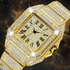 Men's Square Watch Watches Gold Men Quartz Wristwatch Bling Bling Diamond Clock